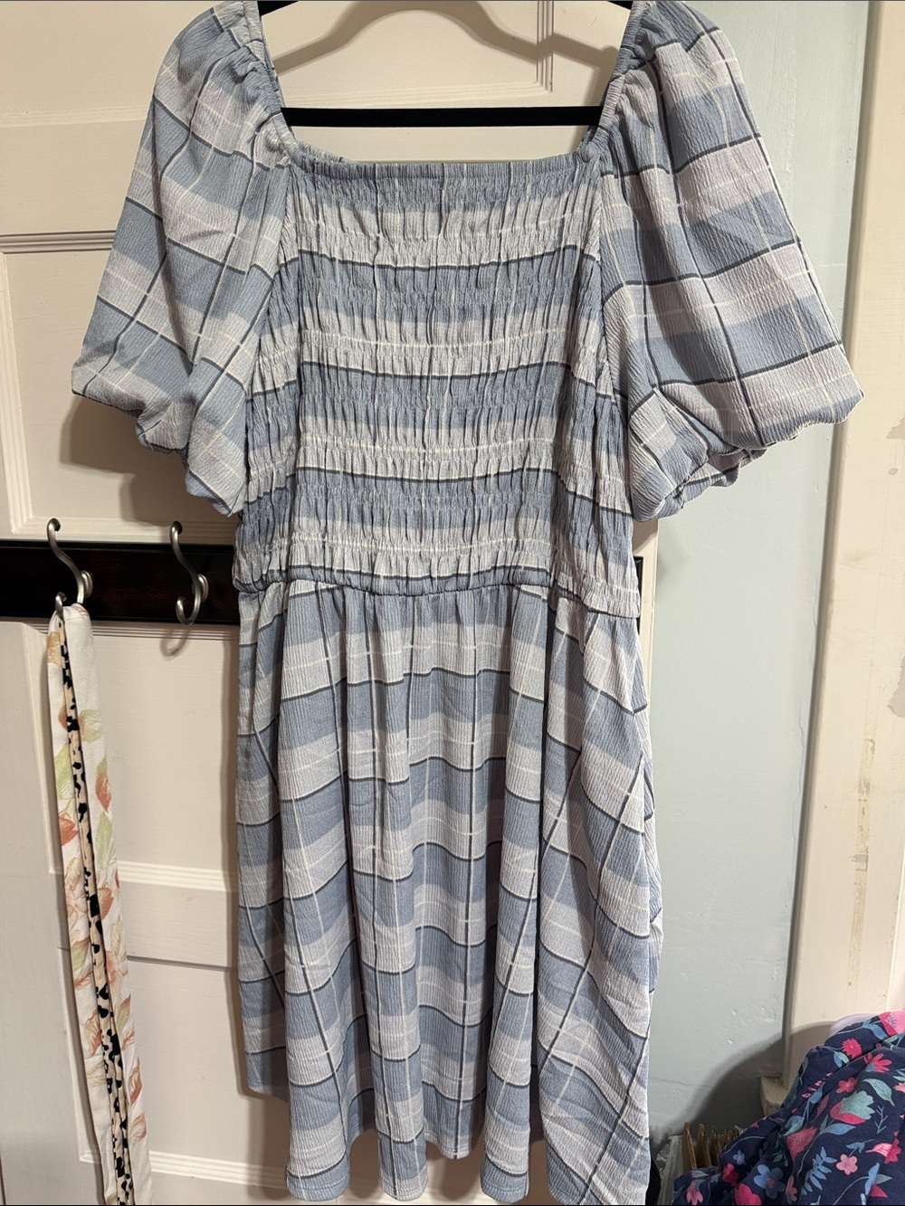 Smocked Puff-Sleeve Plaid Midi Dress in Light Blue
